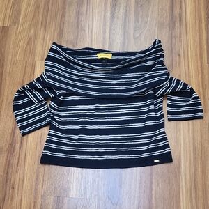St. John Navy Blue and White Striped Off-the-Shoulder Knit Sweater